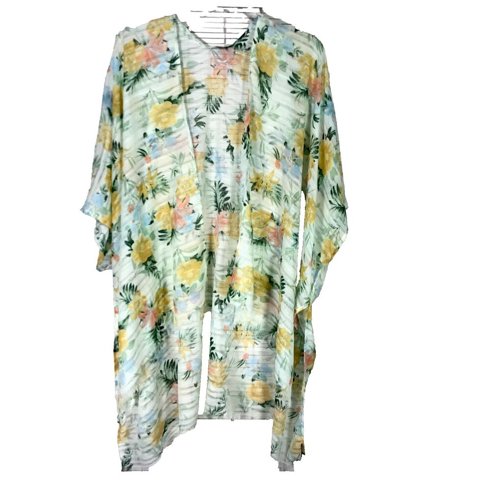 Lucky Brand OS Beach Cover Up Green Floral Tropical Kimono Sheer Lightweight $79